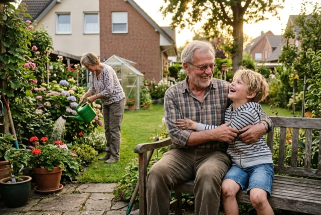 Großvater und Enkel lachen auf einer Gartenbank, im Hintergrund gießt die Großmutter Blumen
