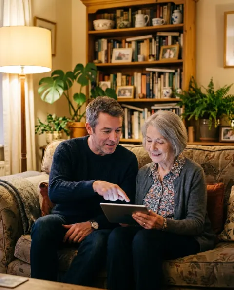 Ein Sohn zeigt seiner Mutter am Tablet den Fragebogen